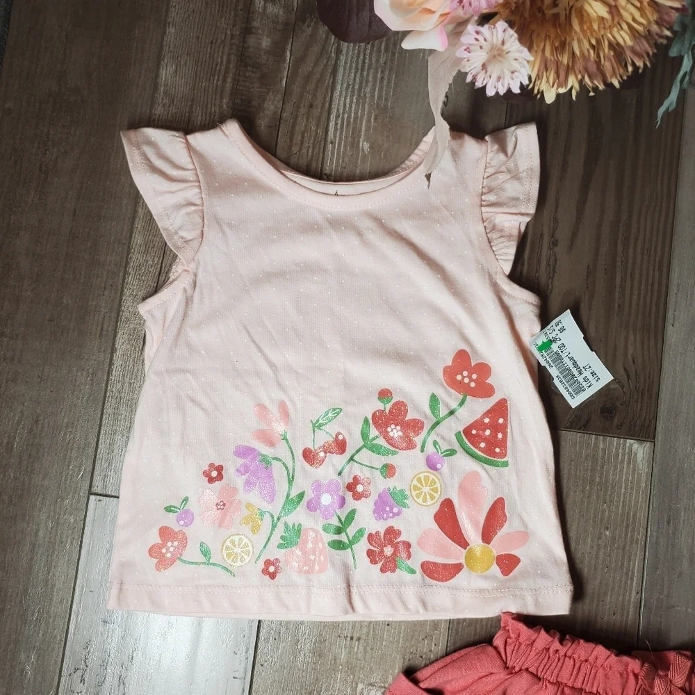 NWT Kids Headquarters 2Pc Pink Toddler Girl Outfit Shimmery Floral Summer